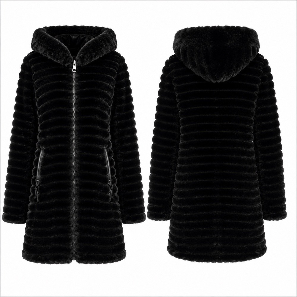 Gallery Black Faux Fur Hooded Zip Mid-Length Coat w/ Pockets Sz L Mob Wife